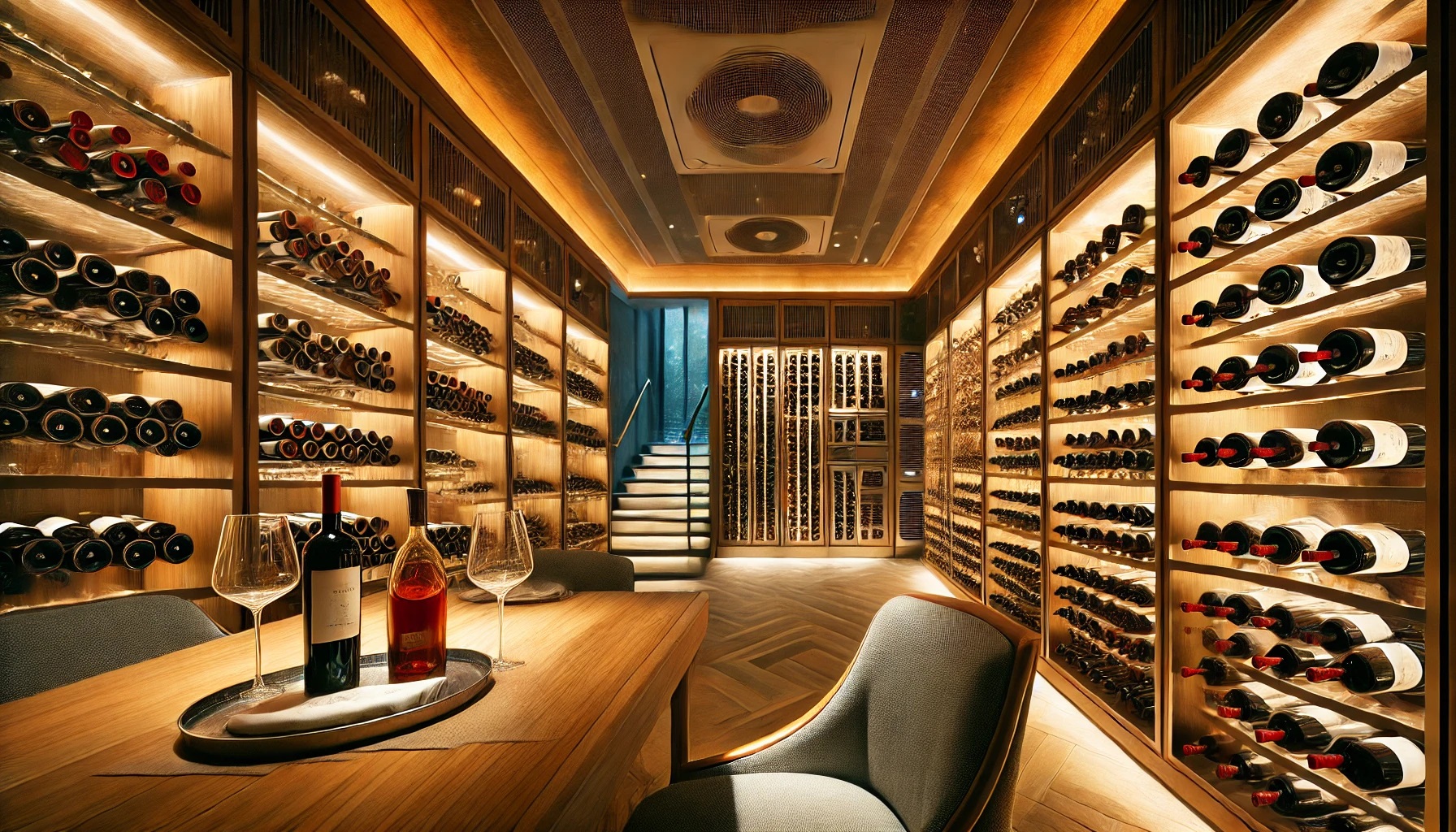 A beautifully lit wine cellar designed for investment purposes, showcasing rows of wine bottles stored neatly in wooden racks.