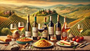 Italian wine - landscape featuring classic wine bottles like Chianti, Barolo, and Prosecco