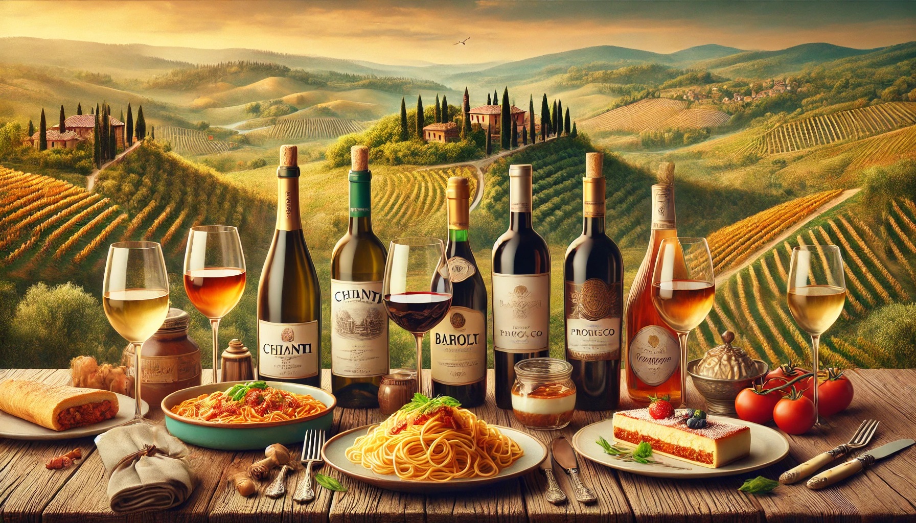 Italian wine - landscape featuring classic wine bottles like Chianti, Barolo, and Prosecco