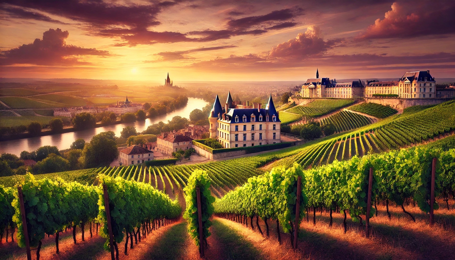 beautiful landscape of Bordeaux's wine region featuring rolling vineyards under a soft golden sunset