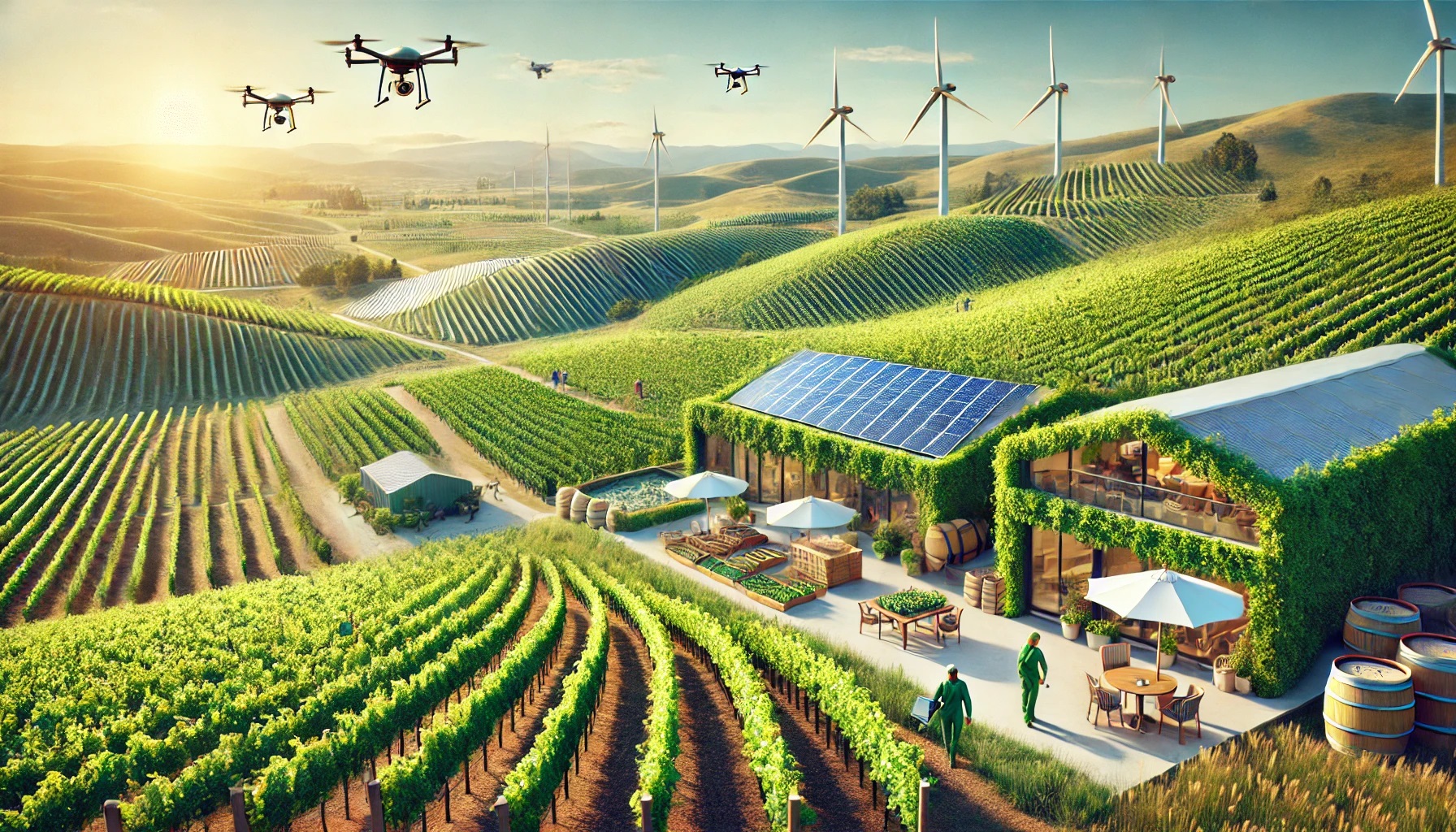 forward-thinking landscape of a sustainable vineyard. The scene features rolling hills with grapevines, solar panels wind turbines