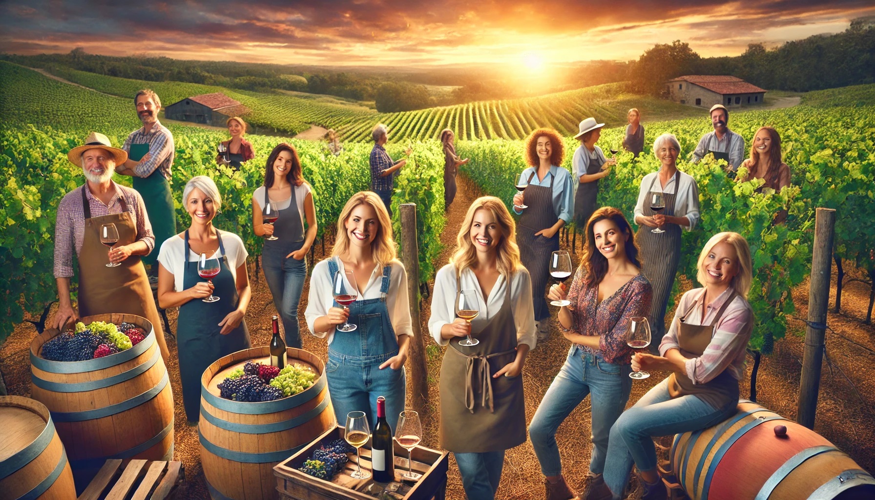 group of female winemakers, some in casual and others in professional attire, holding wine glasses