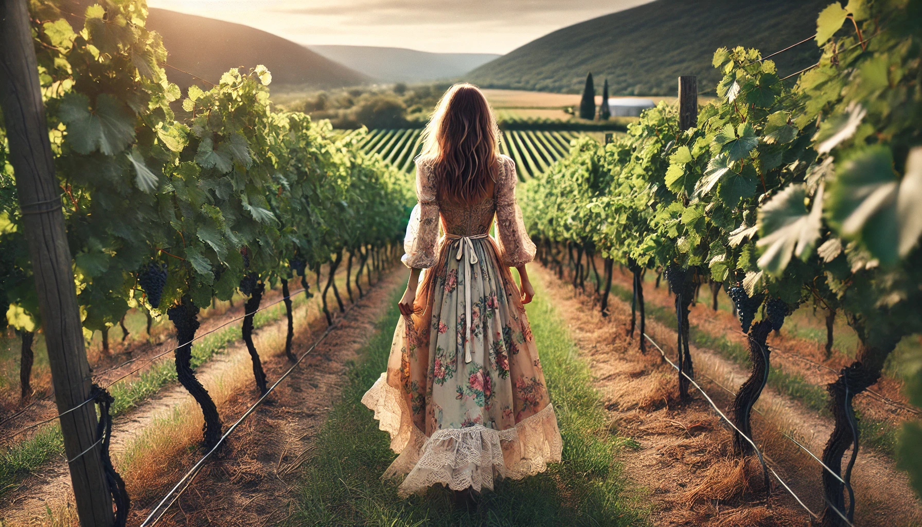 lady in pastoral dress in vineyard