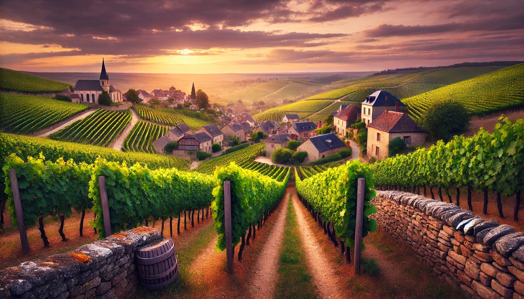 landscape of Burgundy, France, featuring rolling vineyards stretching out over hills, with traditional stone houses