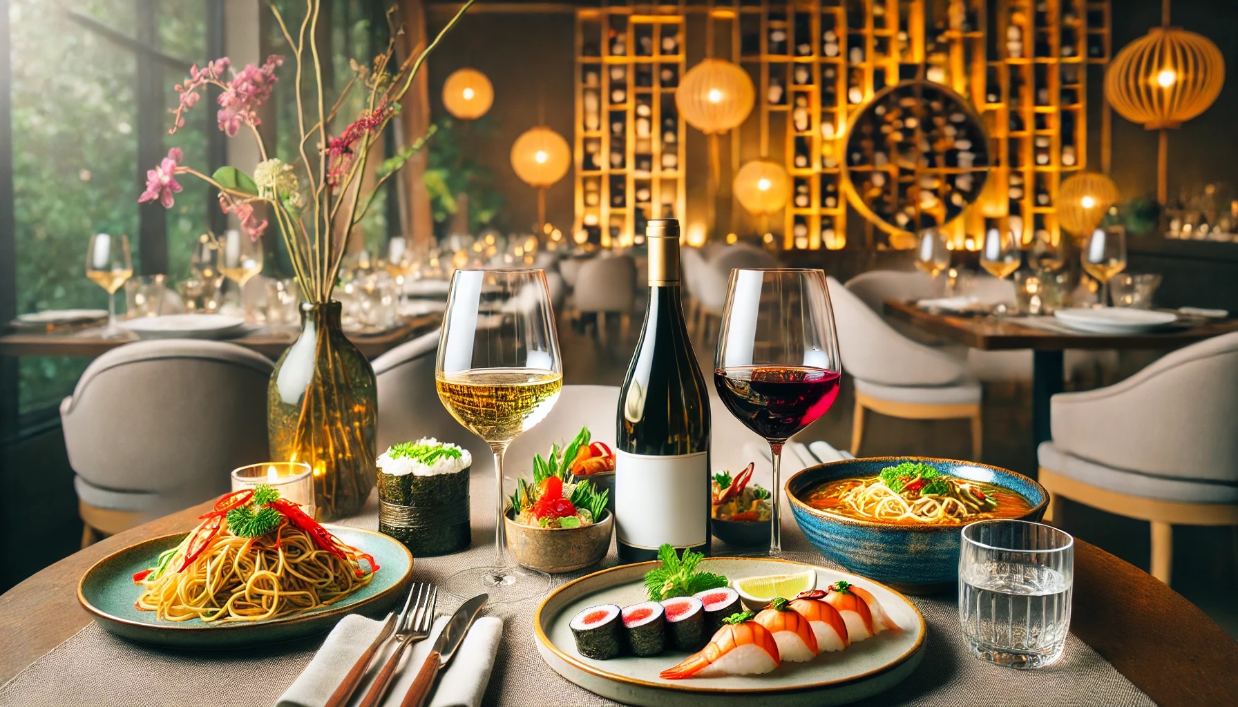 mix of Asian dishes alongside wine glasses filled with white and red wines