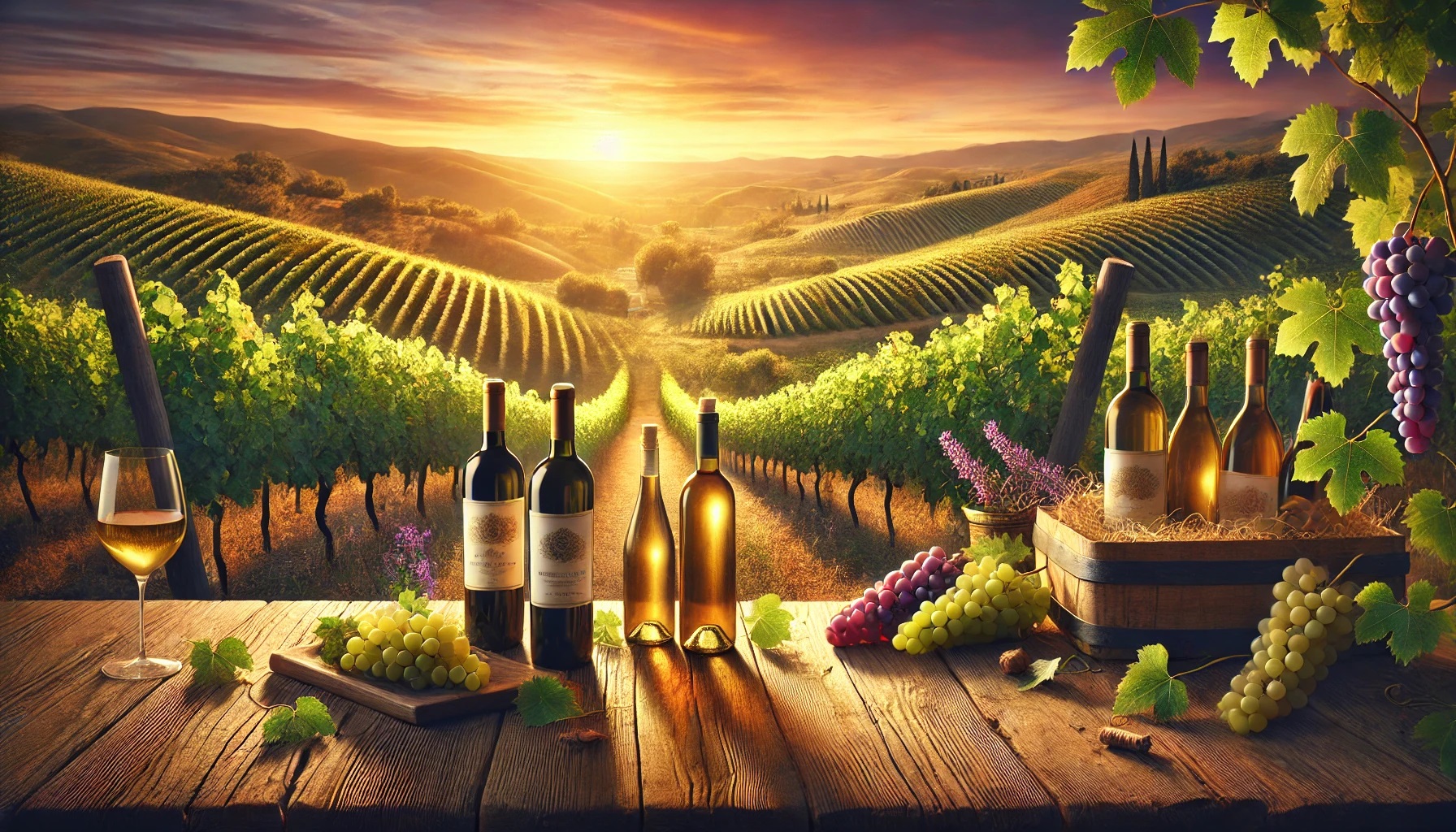 organic vineyard landscape at sunset, featuring rolling hills covered in grapevines.