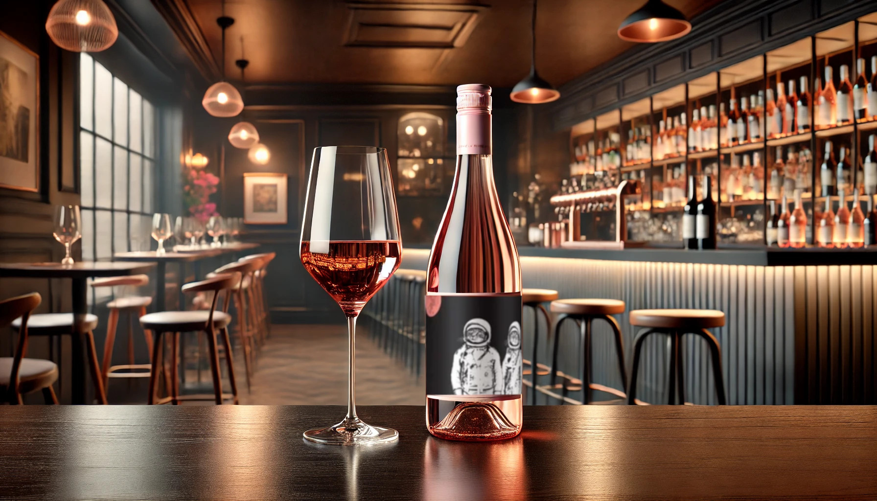 scene in a stylish New York wine bar featuring a bottle of Félicette Rosé 2019