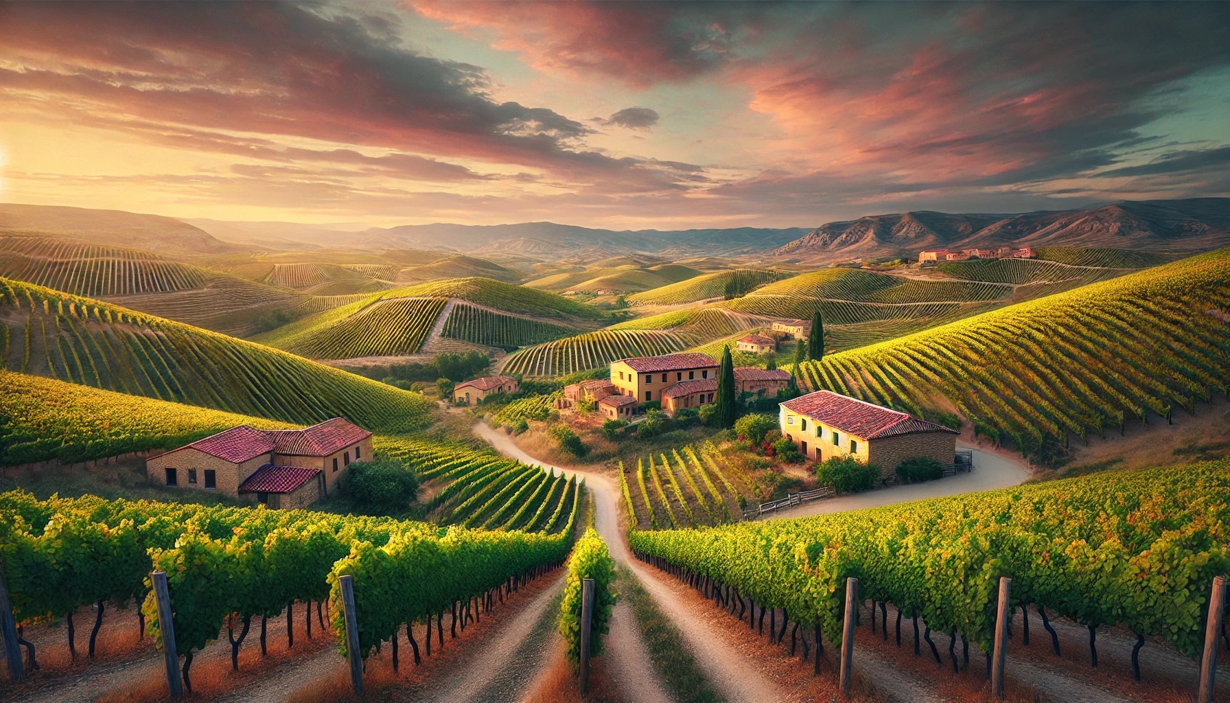 vineyard landscape in Rioja, Spain during late afternoon with rolling hills covered in vineyards