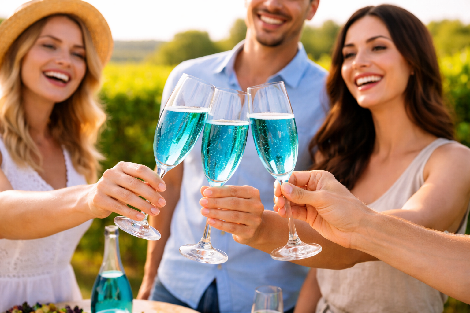 People toasting with blue sparkling wine from the Isle of Wight